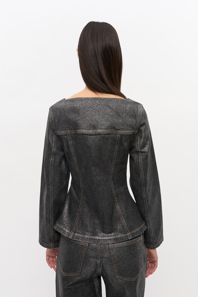 Shimmery Foil Denim Blazer, Cotton, in colour Washed Black/Black - 4 - GANNI