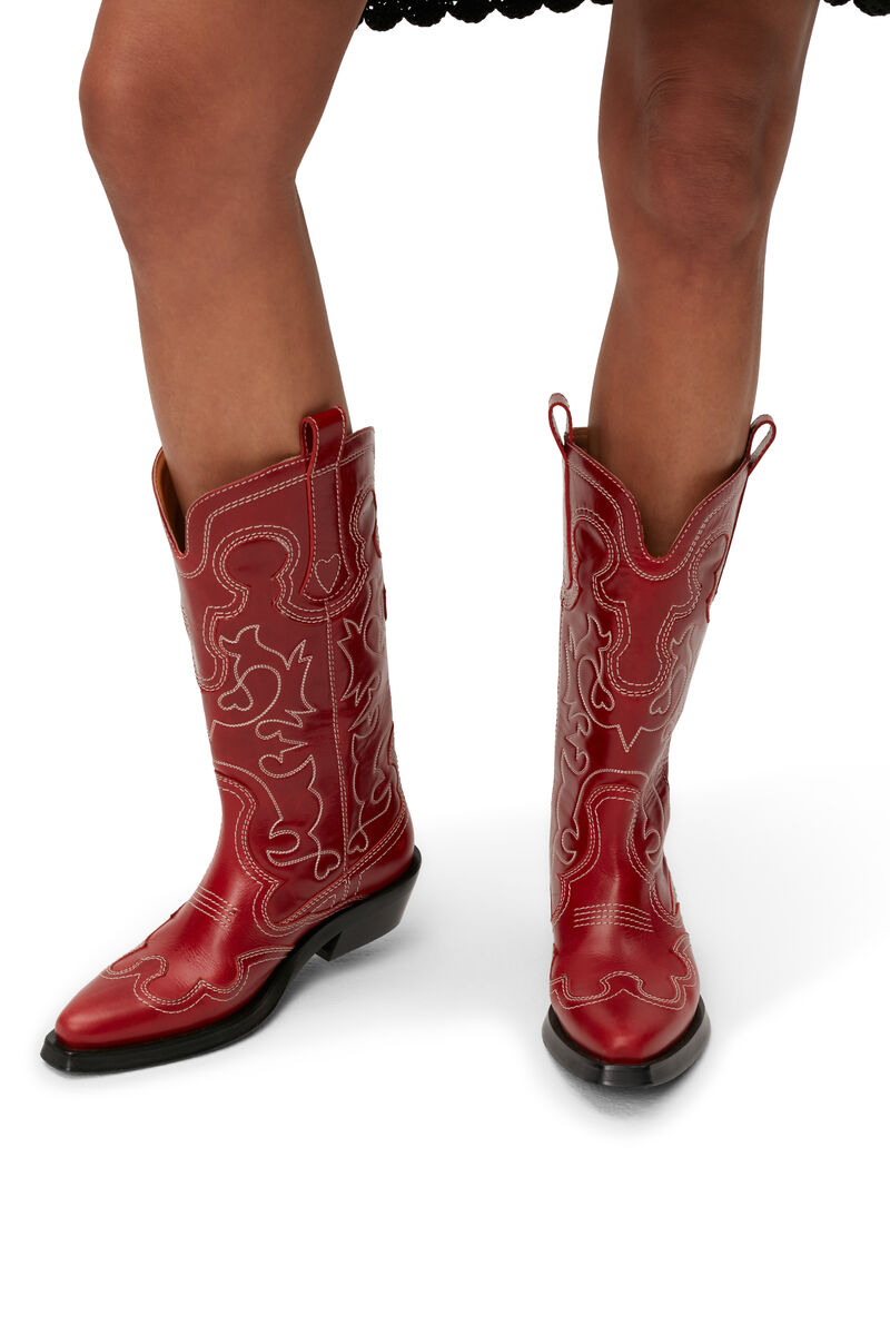 Bottes brodées Western, Leather, in colour Barbados Cherry - 4 - GANNI
