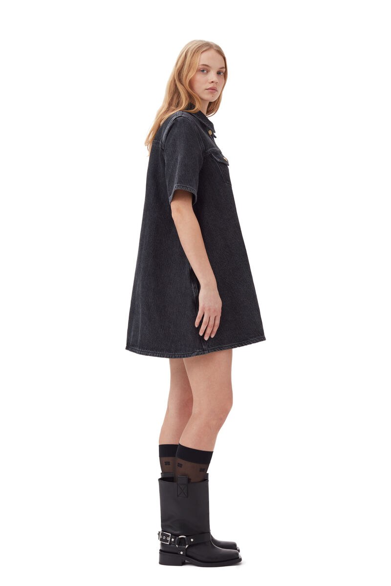Washed Black Heavy Denim Mini Kleid, Cotton, in colour Washed Black/Black - 3 - GANNI