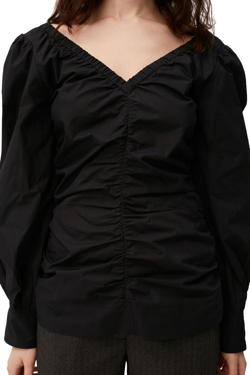 Cotton Poplin V-neck Blouse, Cotton, in colour Black - 4 - GANNI