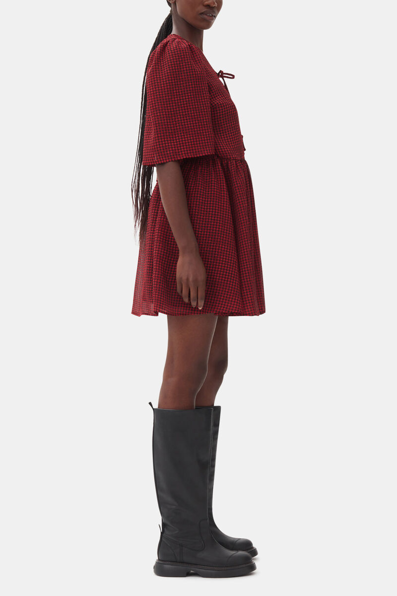 Red Sheer Tie String Wrap Dress, Recycled Polyester, in colour Winery - 3 - GANNI