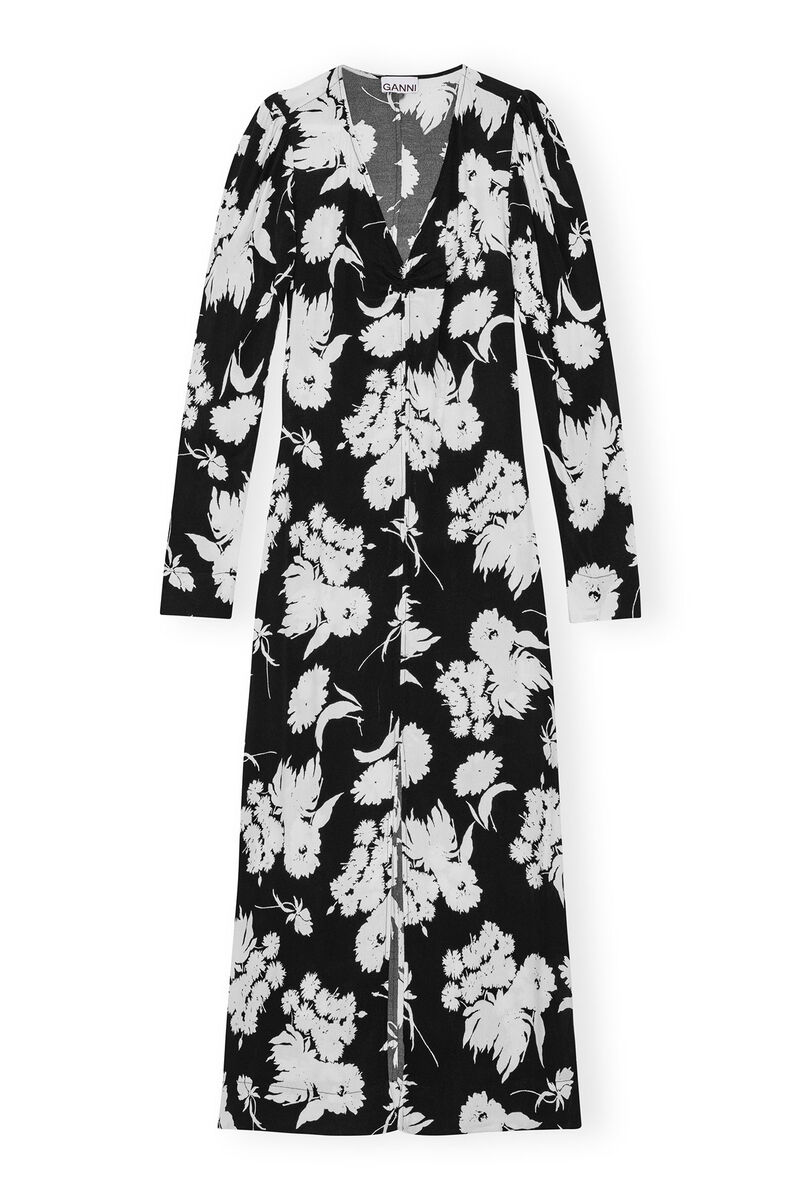 Printed Crepe V-neck Dress, LENZING™ ECOVERO™, in colour Black - 1 - GANNI