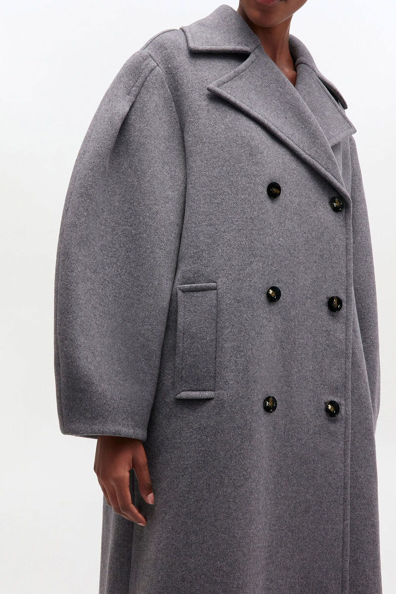 Grey Wool Oversized Long Peacoat, Nylon, in colour Pewter - 3 - GANNI