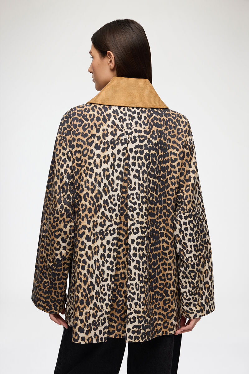 Leopard Printed Canvas Midi Jacket, Organic Cotton, in colour Almond Milk - 2 - GANNI