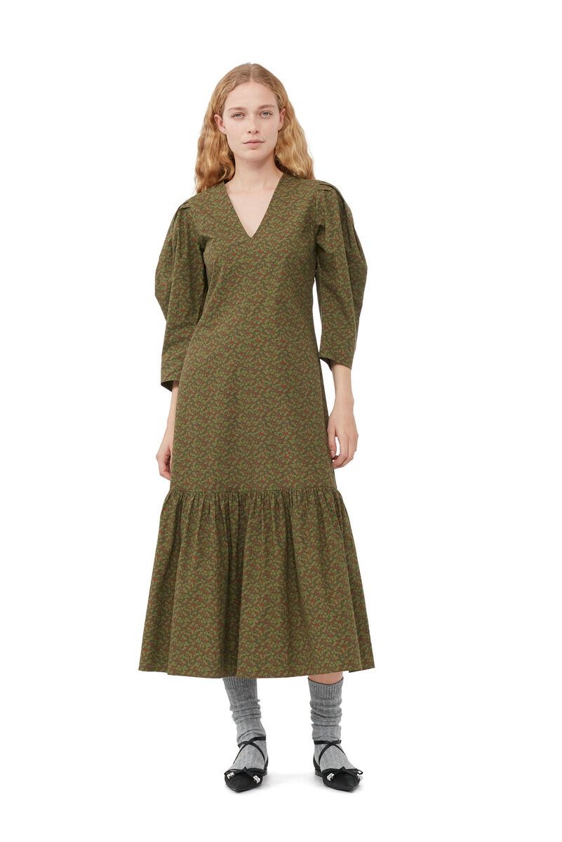 Printed Cotton V-neck Maxi Dress, Cotton, in colour Avocado - 1 - GANNI