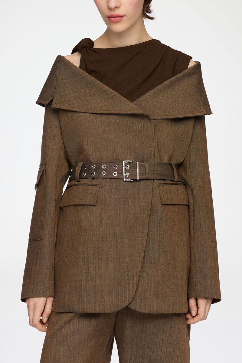 Blazer in Brown Wool Melange, Recycled Wool, in colour Canteen - 2 - GANNI