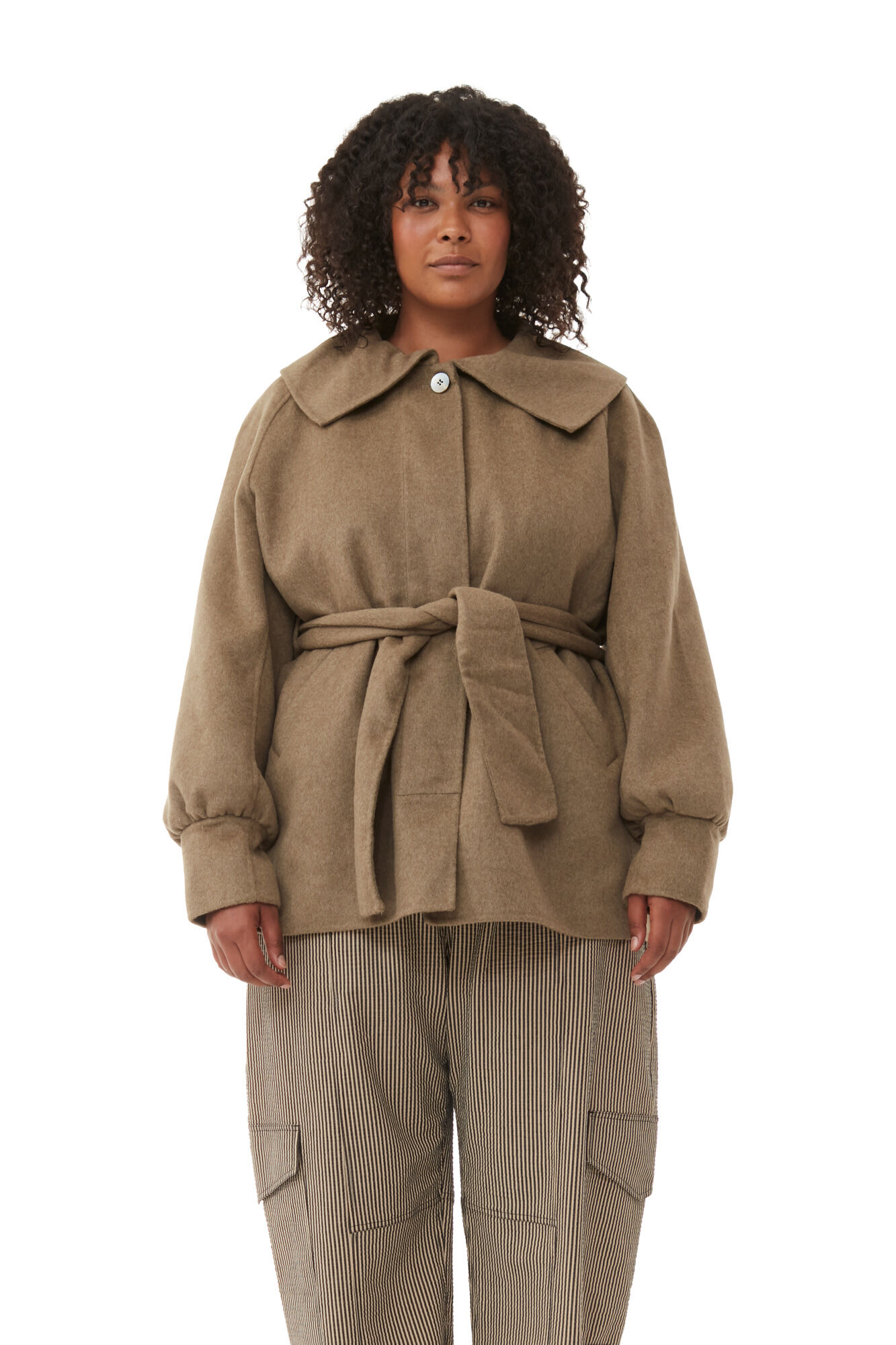 Brown Wool Collar Jacket, Polyamide, in colour Petrified Oak - 5 - GANNI