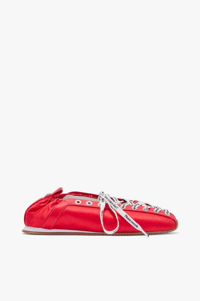 Sporty Ballerina in Red Satin, Recycled Polyester, in colour Goji Berry - 1 - GANNI