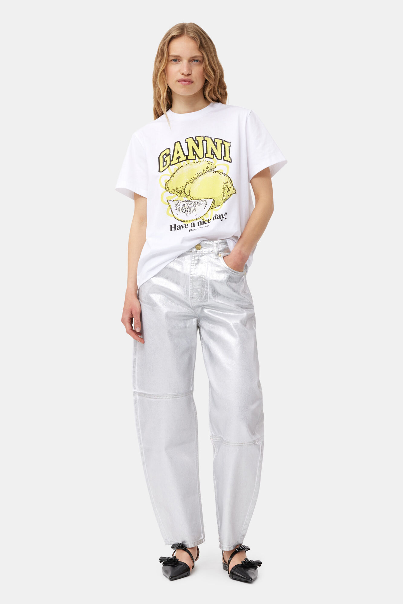 White Relaxed Lemon T-shirt, Cotton, in colour Bright White - 2 - GANNI