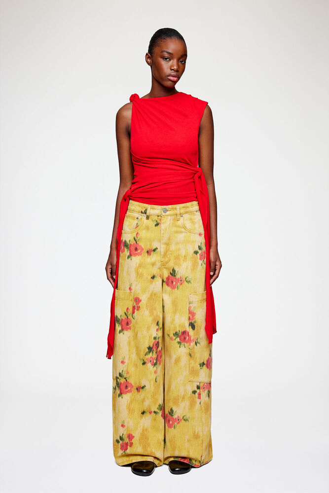 Baggy Wide Jeans in Printed Denim, Vibrant Yellow