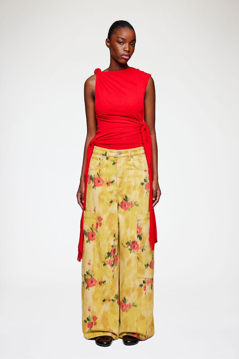 Baggy Wide Jeans in Printed Denim, Organic Cotton, in colour Vibrant Yellow - 1 - GANNI