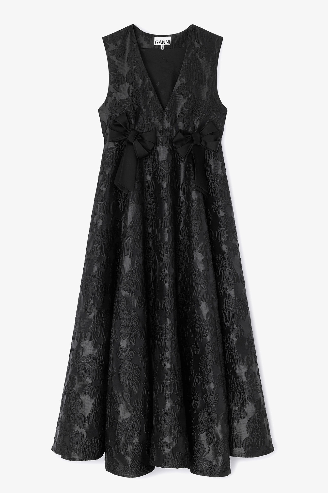 Jet Black Satin Cloque Long Dress | GANNI US