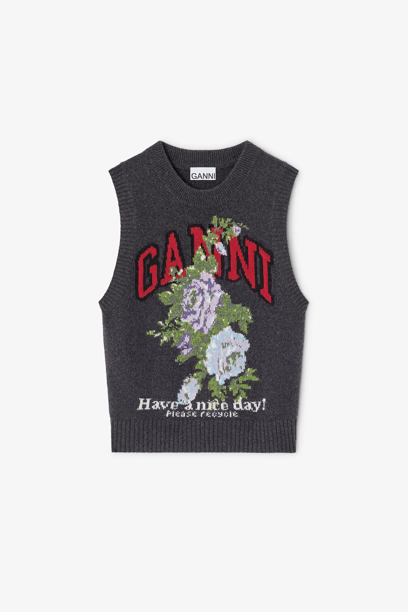 Dunkelgrau Wollweste mit Rosenprint, Recycled Polyamide, in colour Phantom - 1 - GANNI