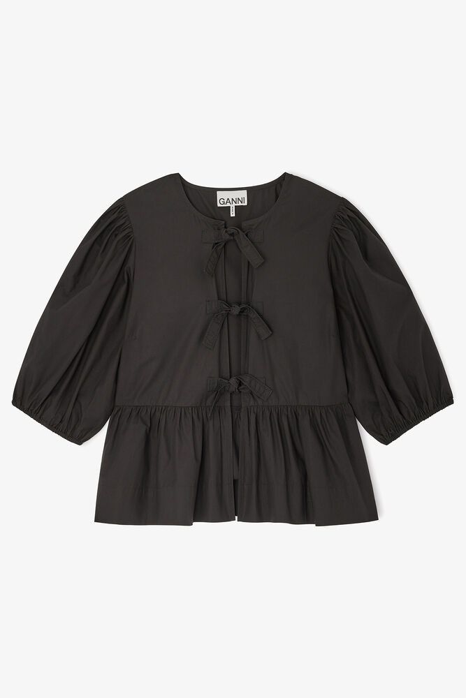 Cotton Poplin Peplum Tie Blouse, Black