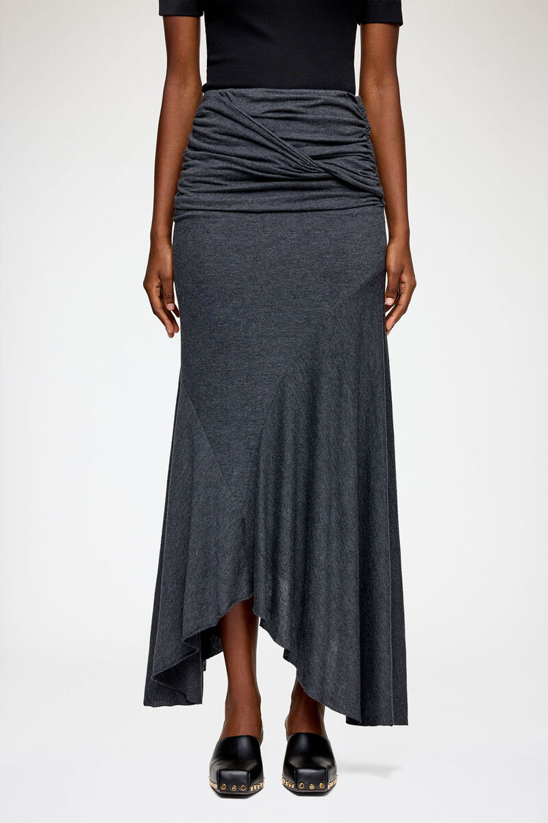Long Skirt in Grey Jersey, Modal, in colour Phantom - 2 - GANNI