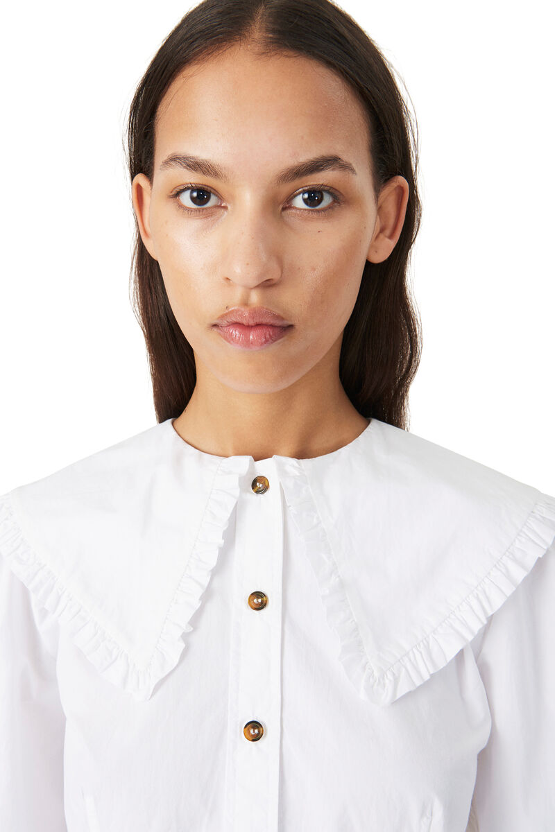Frill Collar Poplin Shirt, Cotton, in colour Bright White - 3 - GANNI