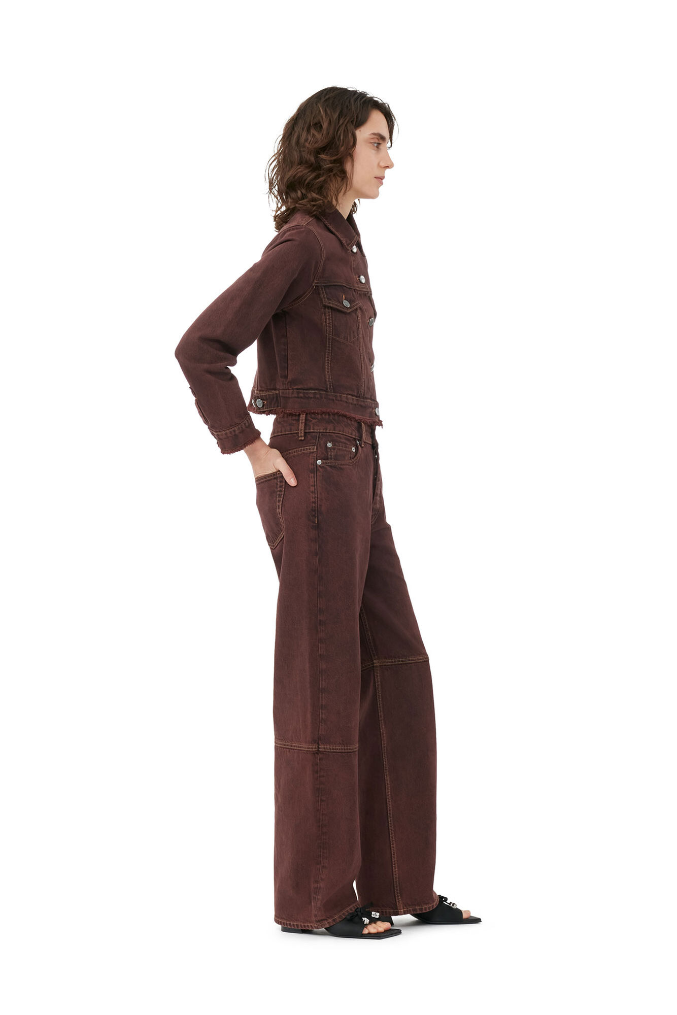 Overdyed Bleach Denim Cropped Jacket, Cotton, in colour Shaved Chocolate - 2 - GANNI