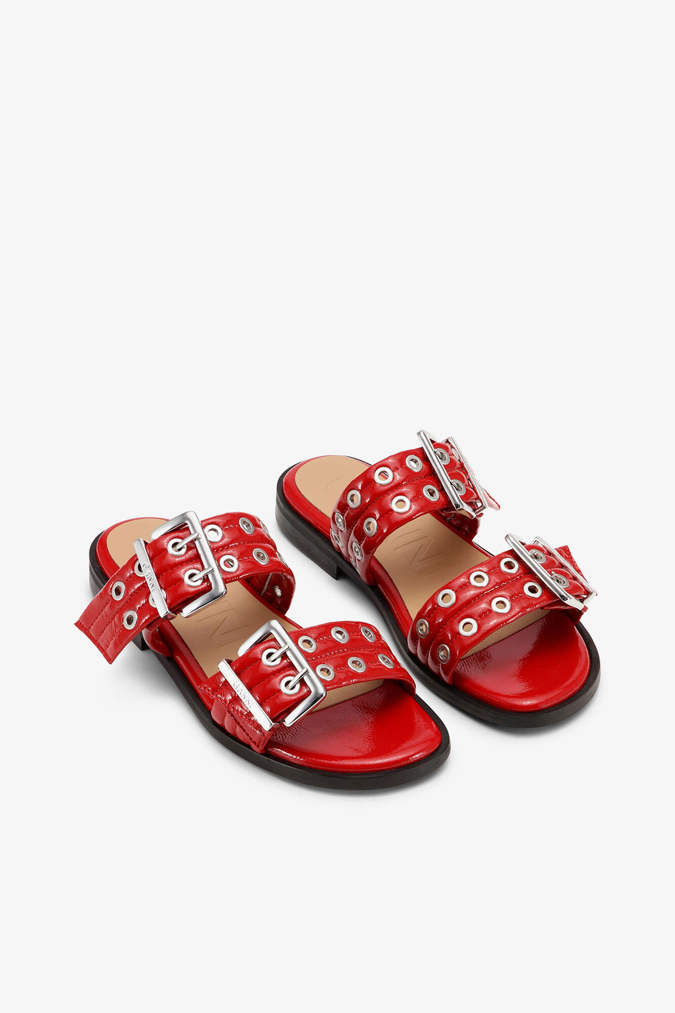 Feminine Buckle Two-Strap Sandals in Red, Polyurethane, in colour Racing Red - 2 - GANNI