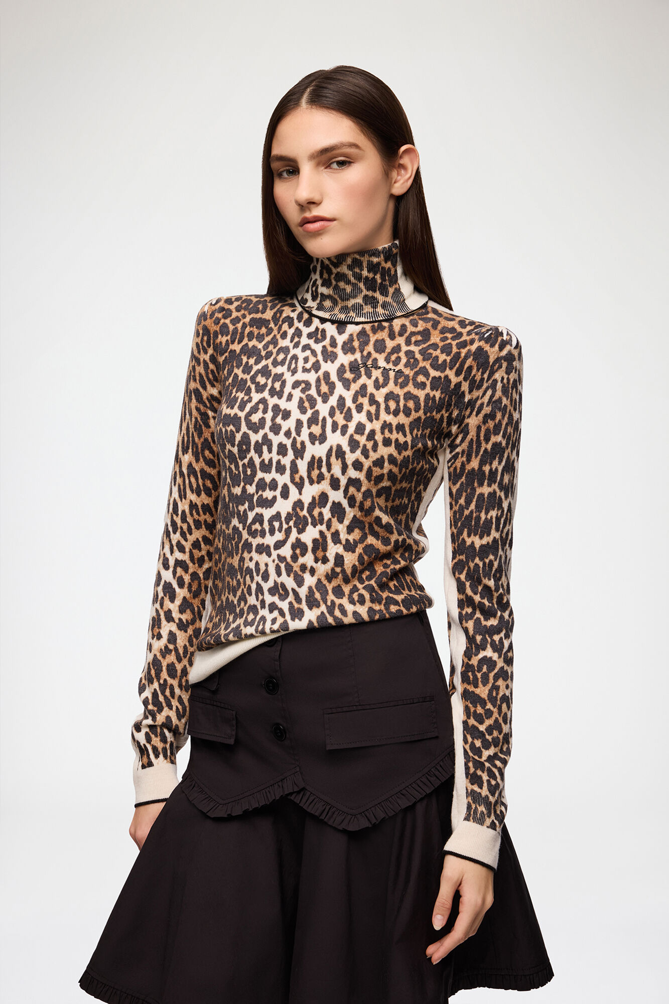 Turtleneck in Leopard, Merino Wool, in colour Almond Milk - 1 - GANNI