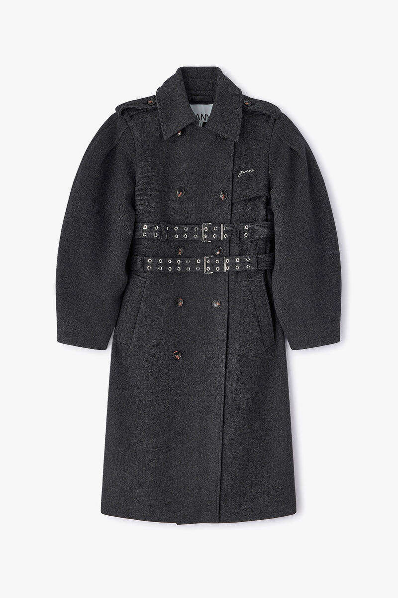 Grey Wool Trench Coat, in colour Phantom - 1 - GANNI