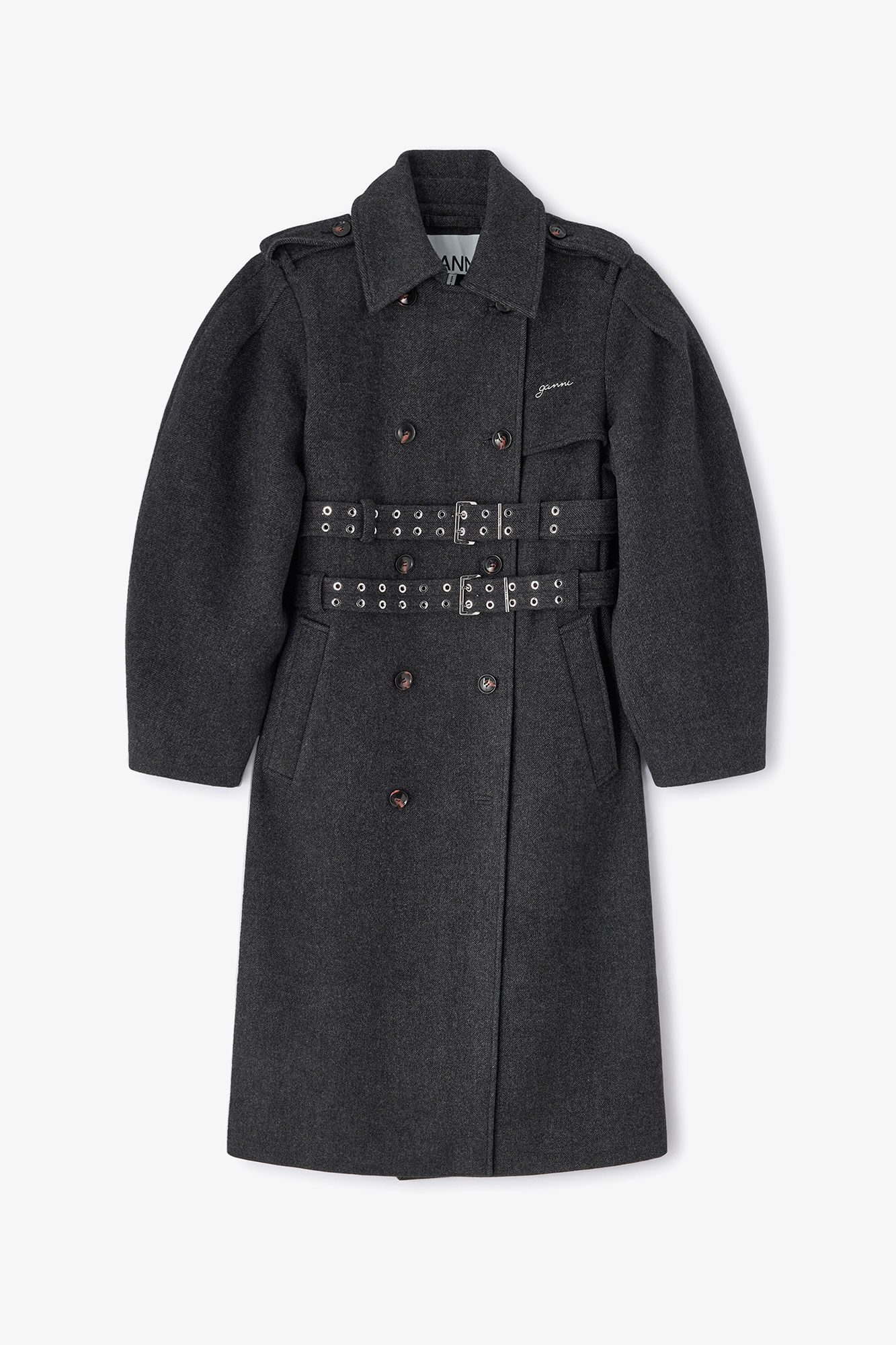 Grey Wool Trench Coat, in colour Phantom - 1 - GANNI