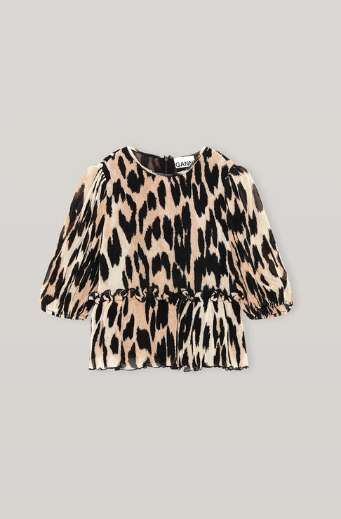 Ganni Leopard-print Pleated Georgette Top In Maxi Leopard