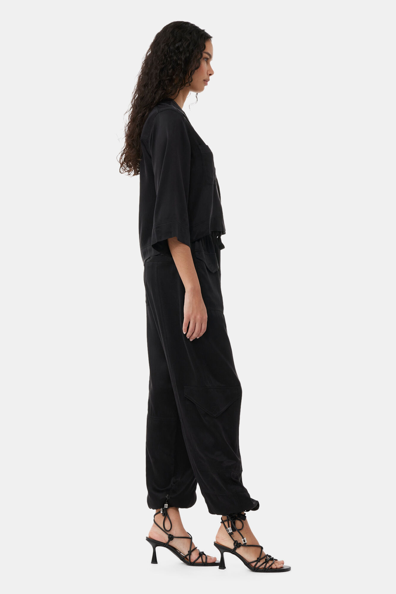 Black Washed Satin Pocket Trousers, Cupro, in colour Black - 3 - GANNI