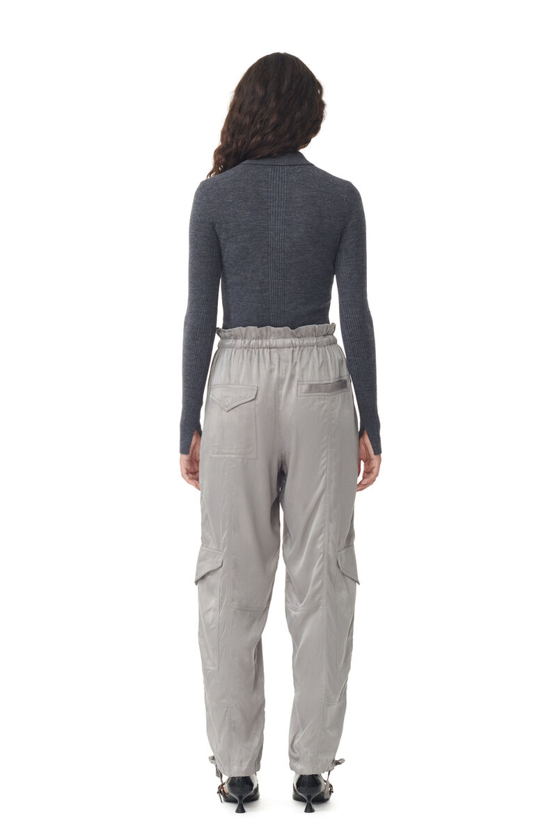 Grey Washed Satin Pants, Cupro, in colour Frost Gray - 3 - GANNI