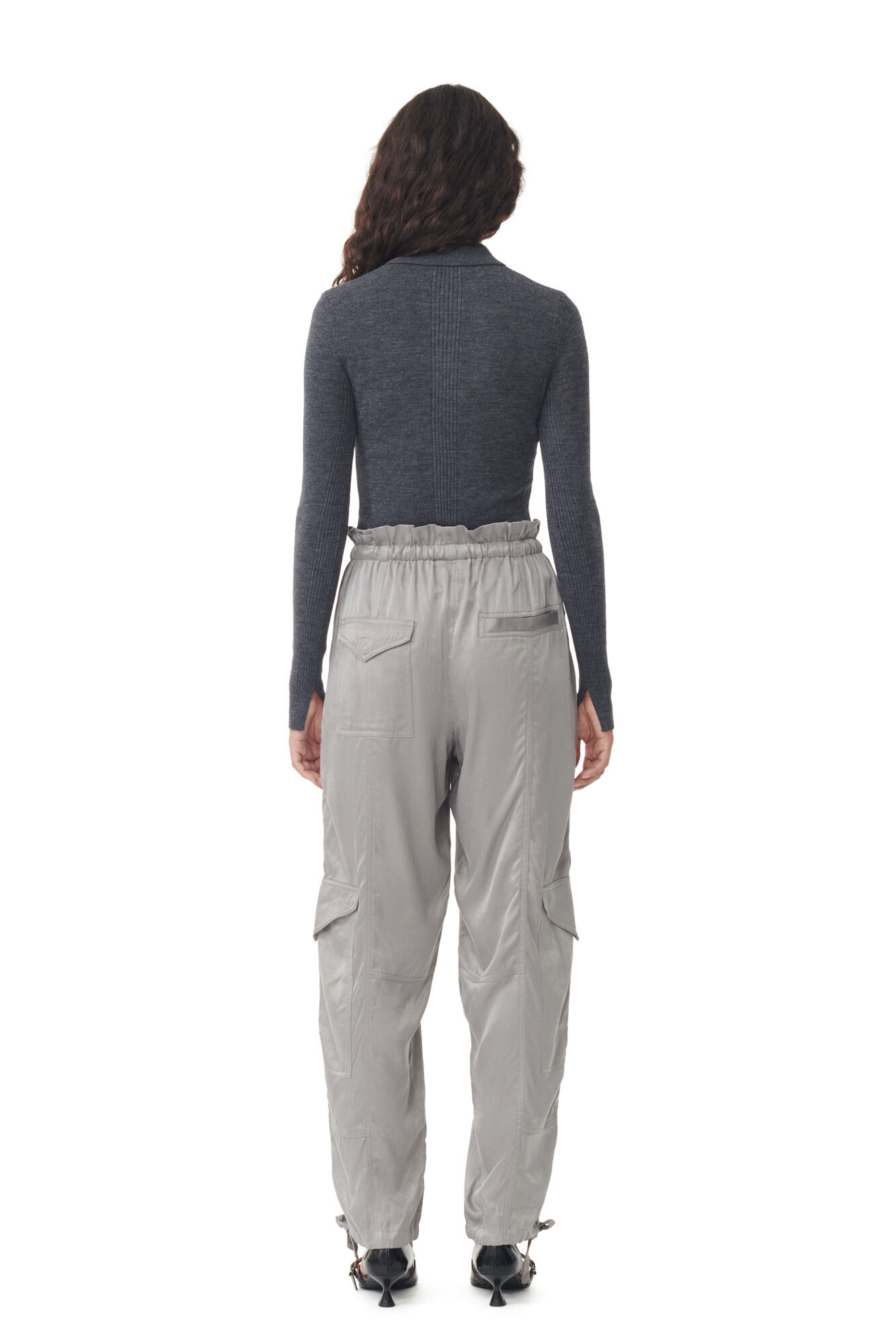 Pantalon Grey Washed Satin, Cupro, in colour Frost Gray - 3 - GANNI