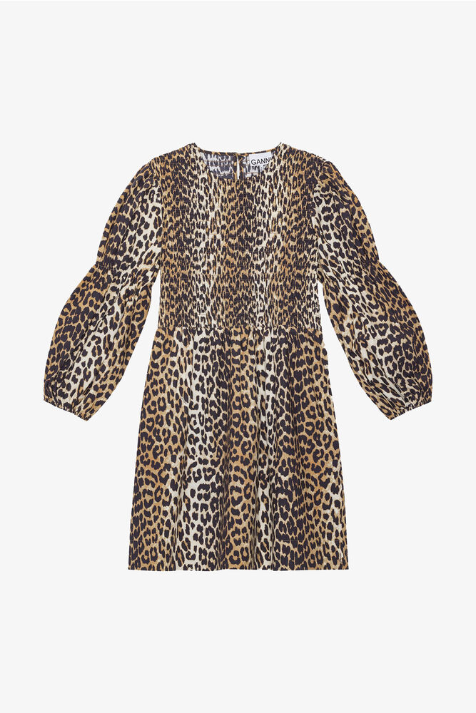 Robe courte smockée en popeline de coton léopard, Leopard