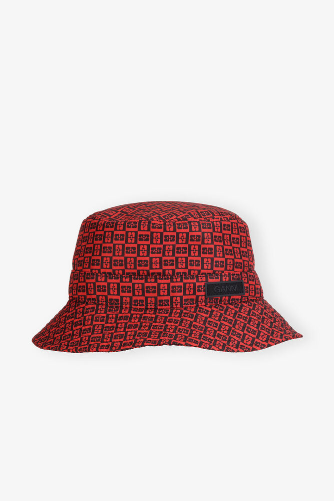 Red Printed Tech Bucket Hat, Fiery Red