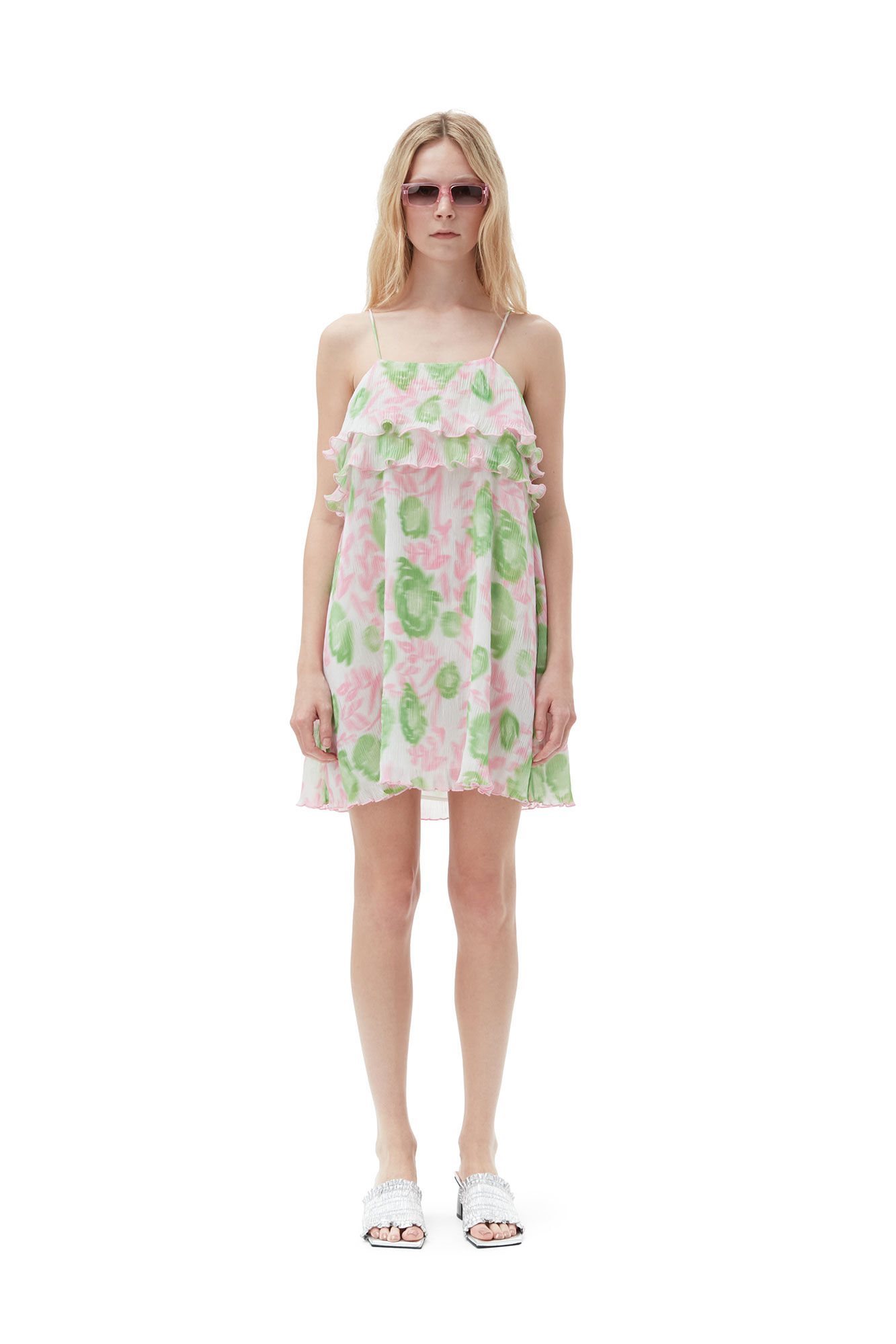 Pleated Georgette Strap Mini Dress, Recycled Polyester, in colour Pink Tulle - 5 - GANNI