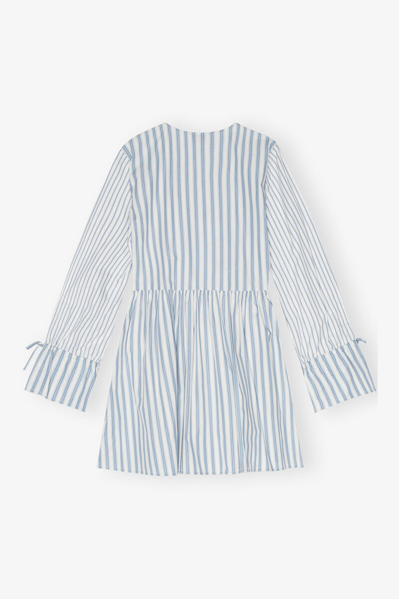 Blue Stripe Cotton Mini Wrap Dress, Organic Cotton, in colour Egret - 2 - GANNI