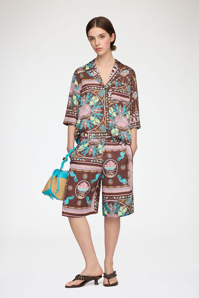 Shorts in Printed Viscose, Chicory Coffee