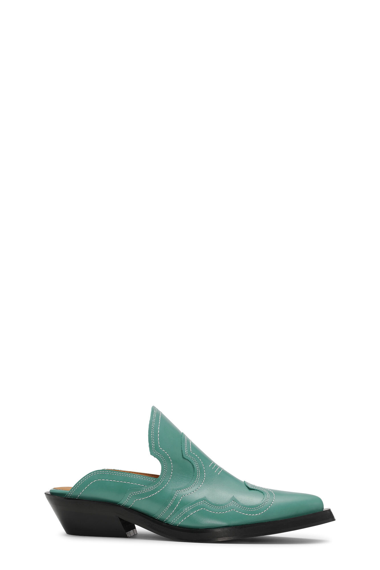 Embroidered Western Mules, Calf Leather, in colour Bottle Green - 1 - GANNI
