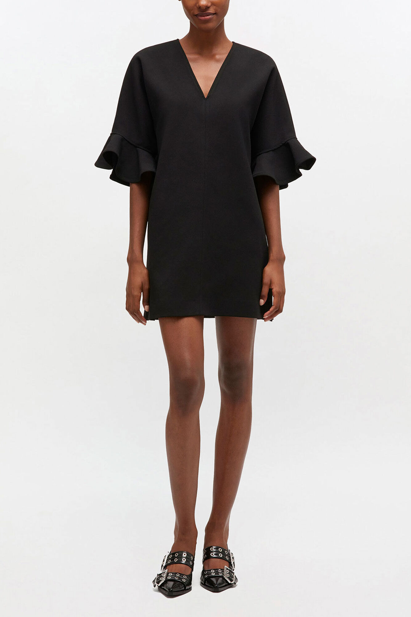 Black Mini Ruffle Dress, Recycled Polyester, in colour Black - 1 - GANNI