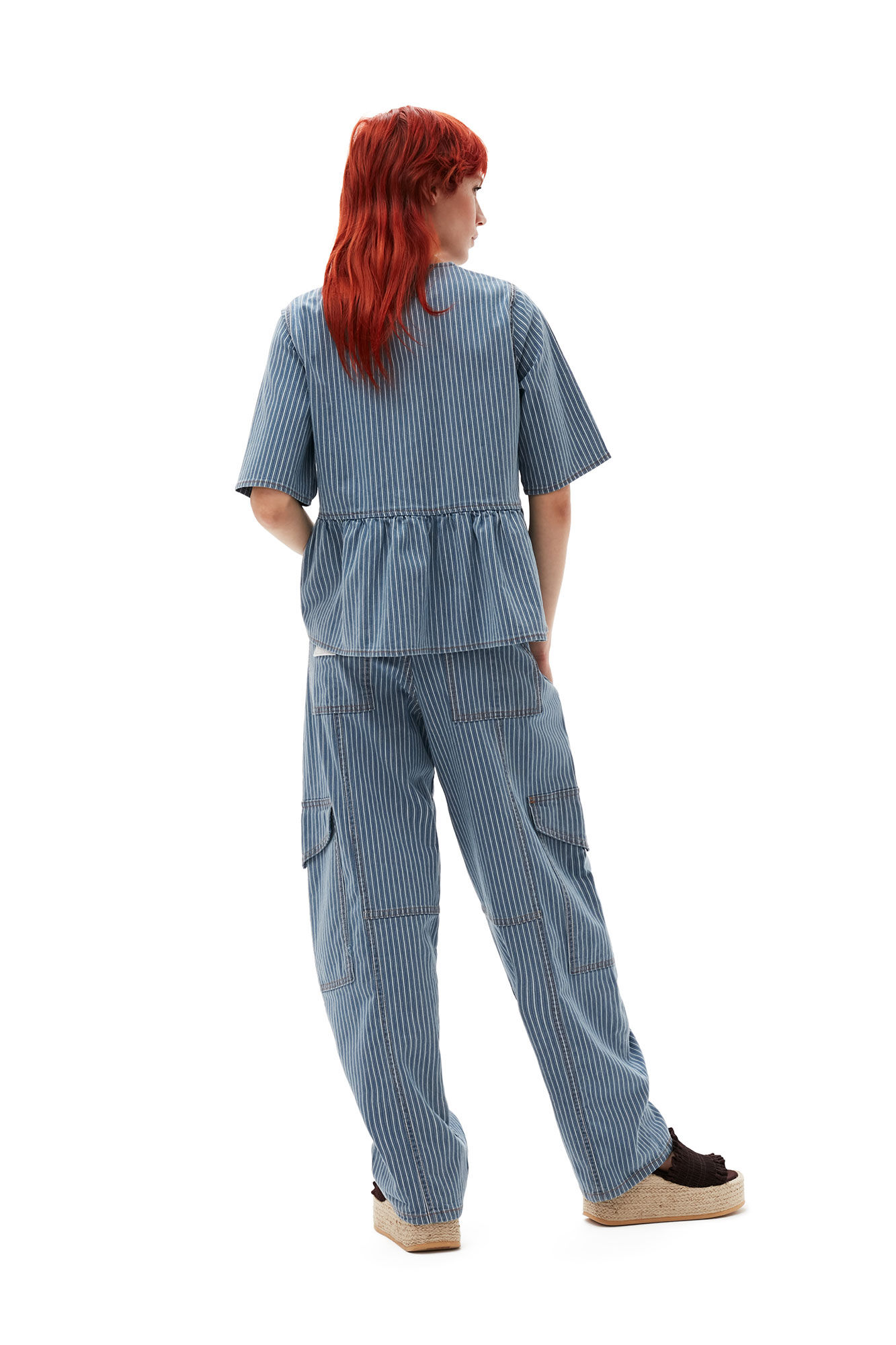 Light Stripe Denim Cargo Pants, Elastane, in colour Mid Blue Stone - 4 - GANNI