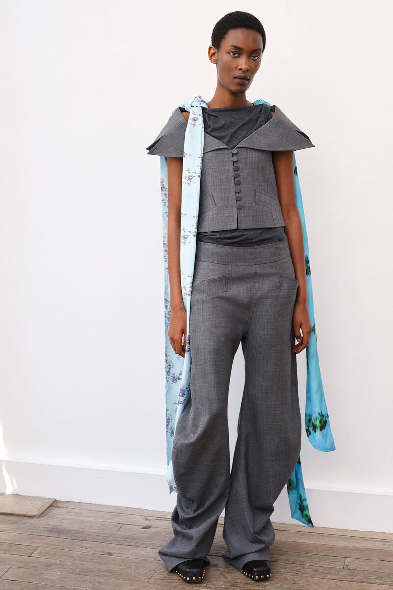 Trousers in Grey Wool Melange, Wool, in colour Phantom - 1 - GANNI