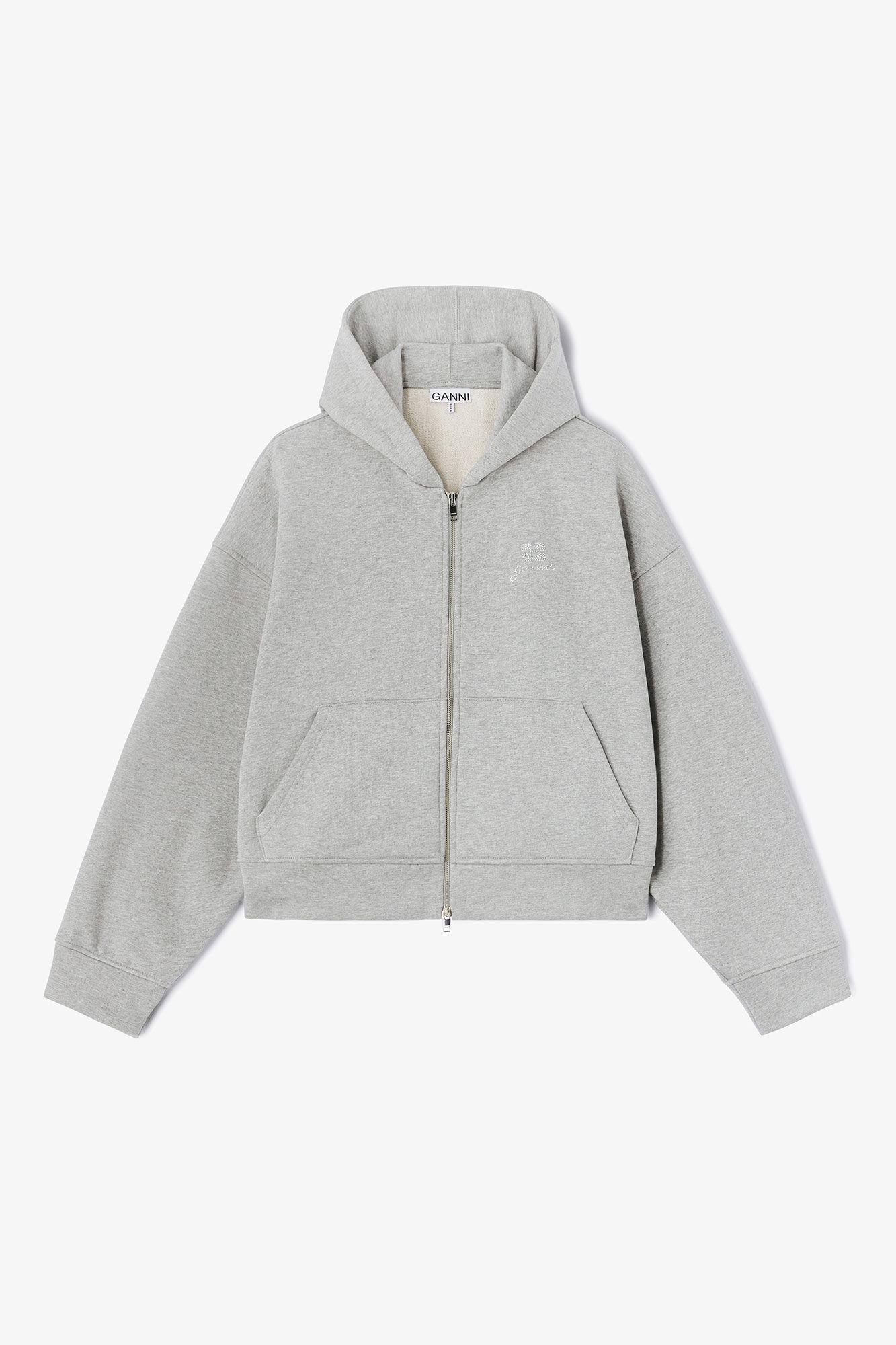 Grey Logo Zip Hoodie, Organic Cotton, in colour Paloma Melange - 1 - GANNI