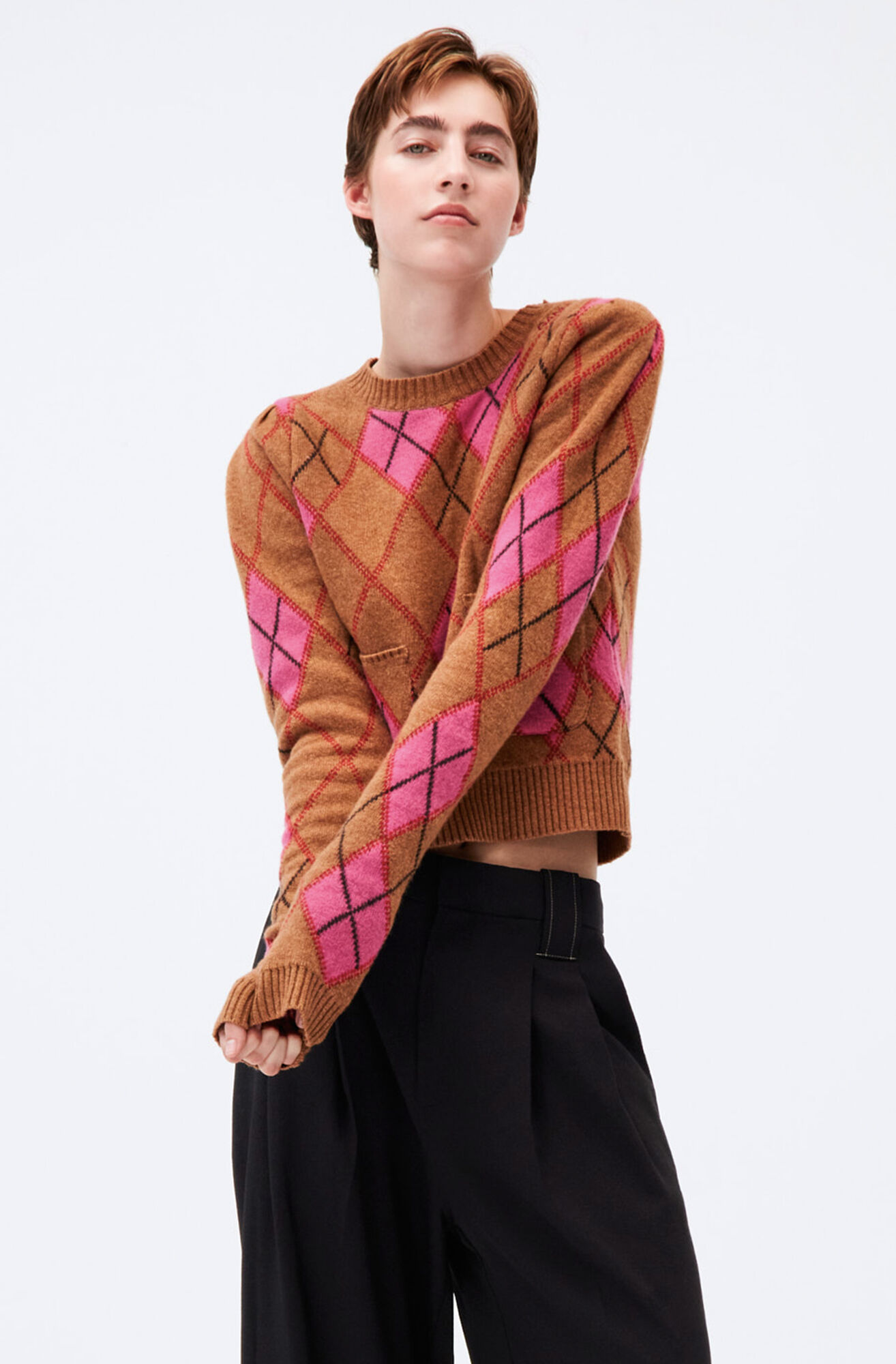 Argyle Cropped Pullover, Polyamide, in colour Tiger's Eye - 1 - GANNI