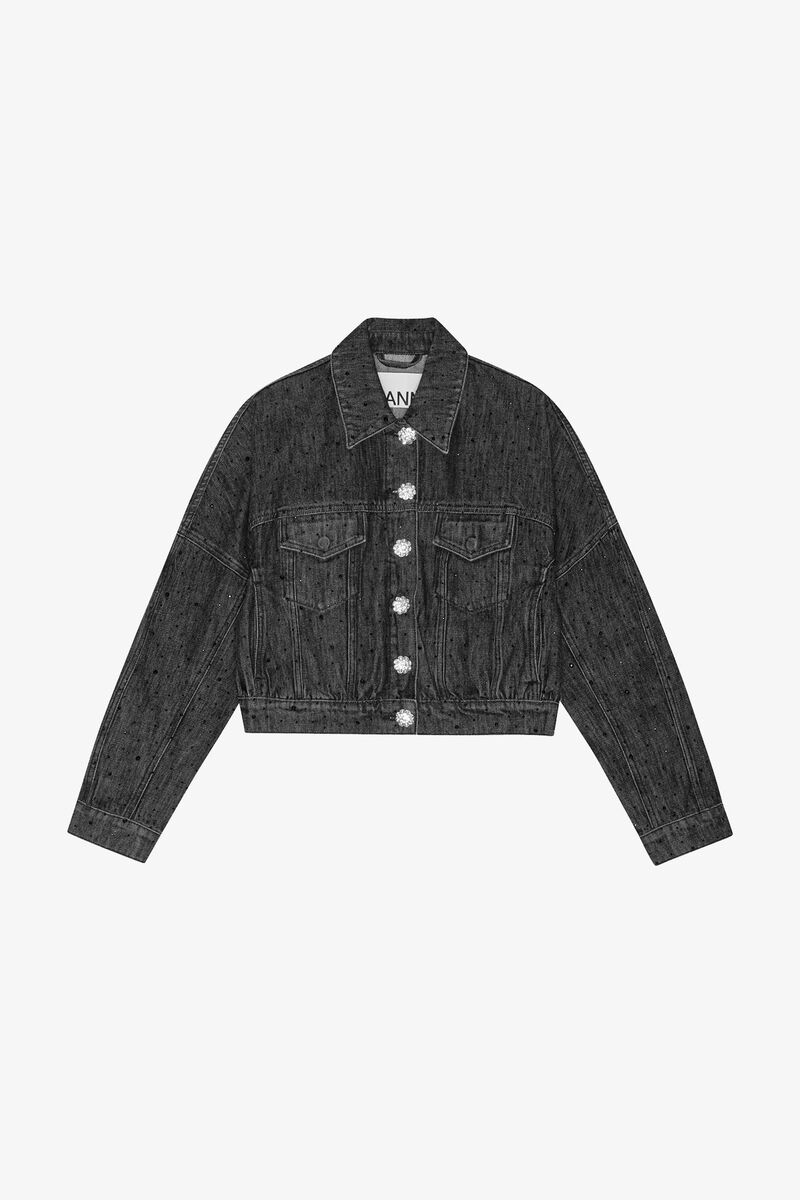 Tvättad Svart Glittrig Denimjacka, Cotton, in colour Washed Black/Black - 1 - GANNI