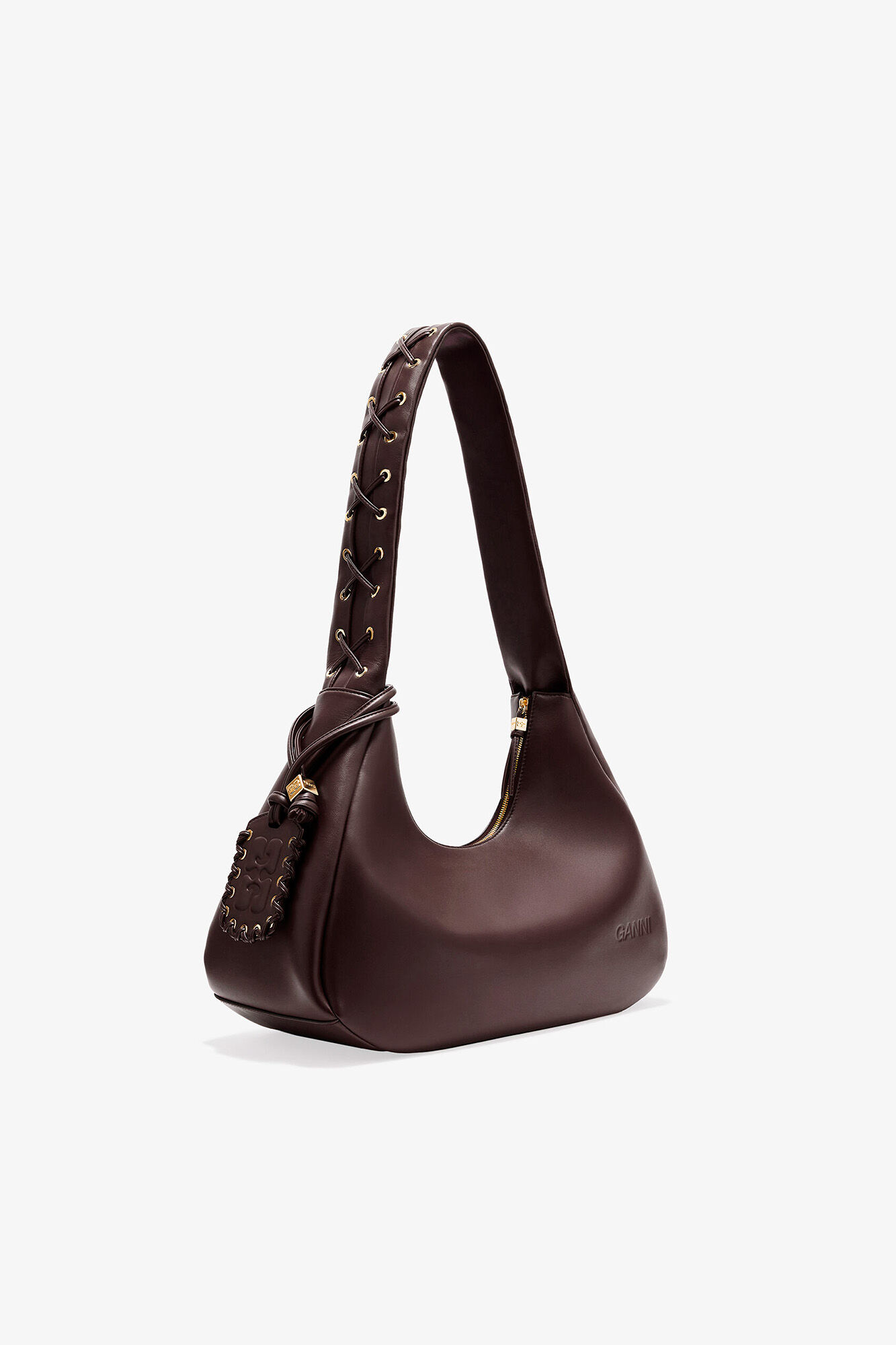 Brown Medium Laces Hobo Bag, Recycled Leather, in colour Chocolate Torte - 2 - GANNI