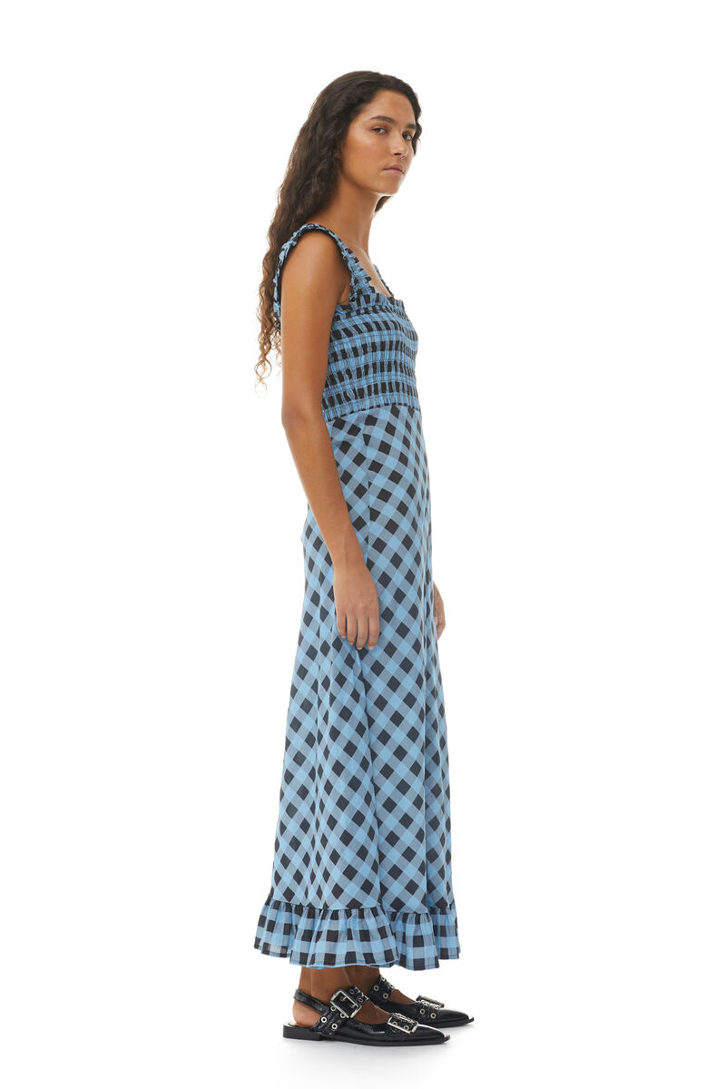 Checkered Cotton Silk Long Strap Dress, Cotton, in colour Alaskan Blue - 3 - GANNI
