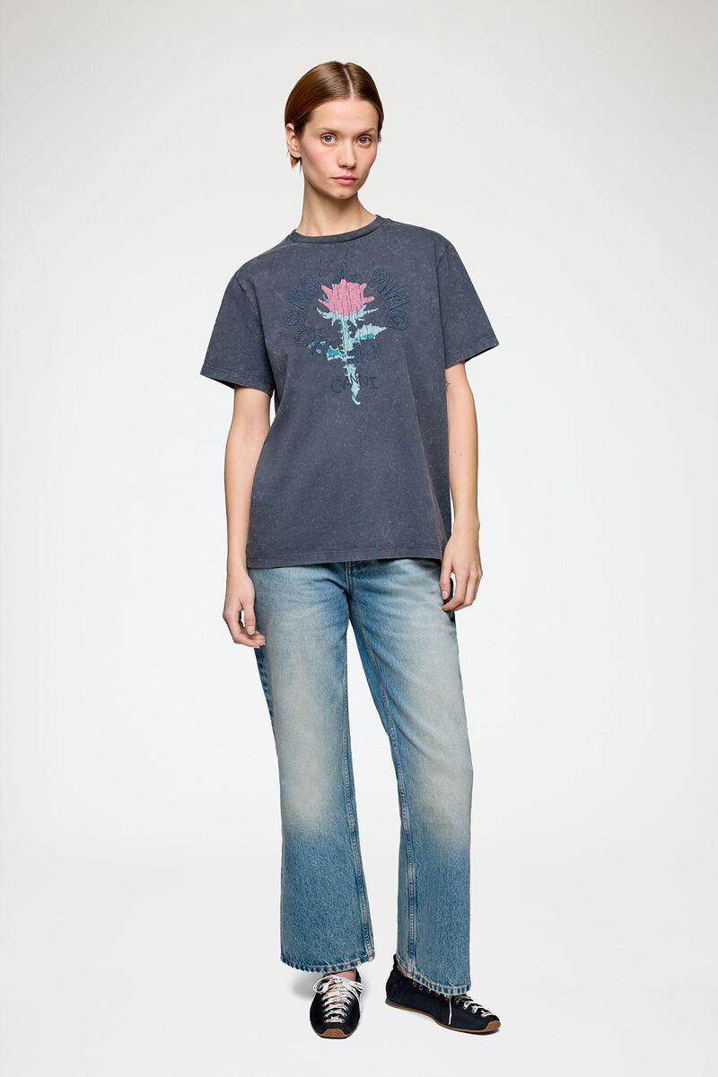 T-shirt with Rose, Recycled Cotton, in colour Phantom - 1 - GANNI