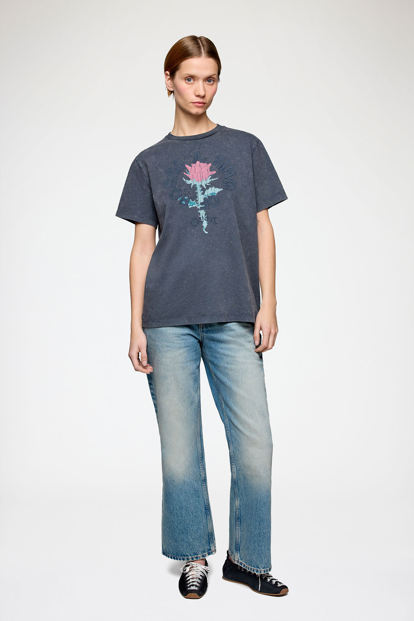 T-shirt with Rose, Recycled Cotton, in colour Phantom - 1 - GANNI