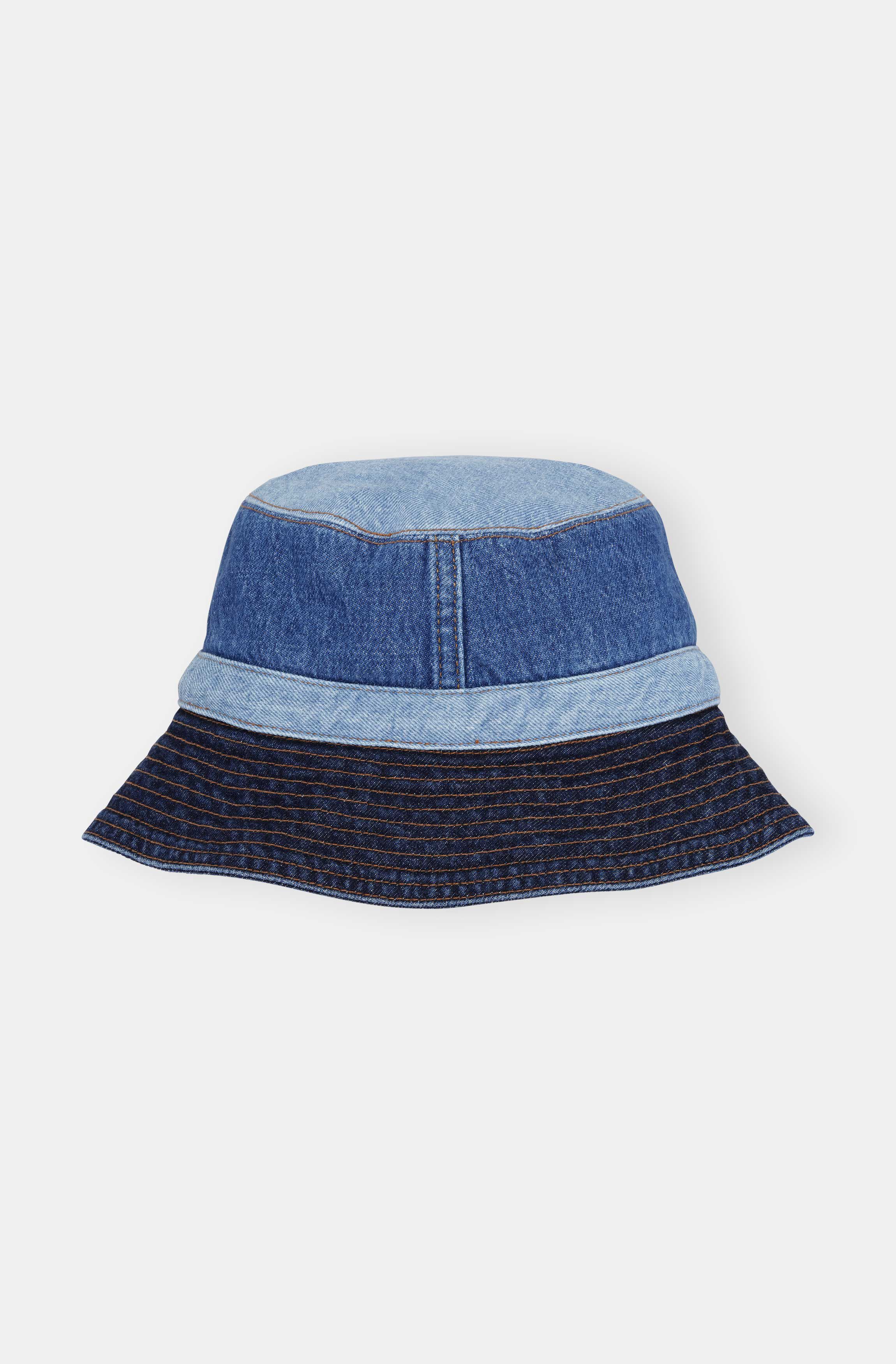 Washed Denim Cotton Bucket Hat With Attached Light Brown Hair 