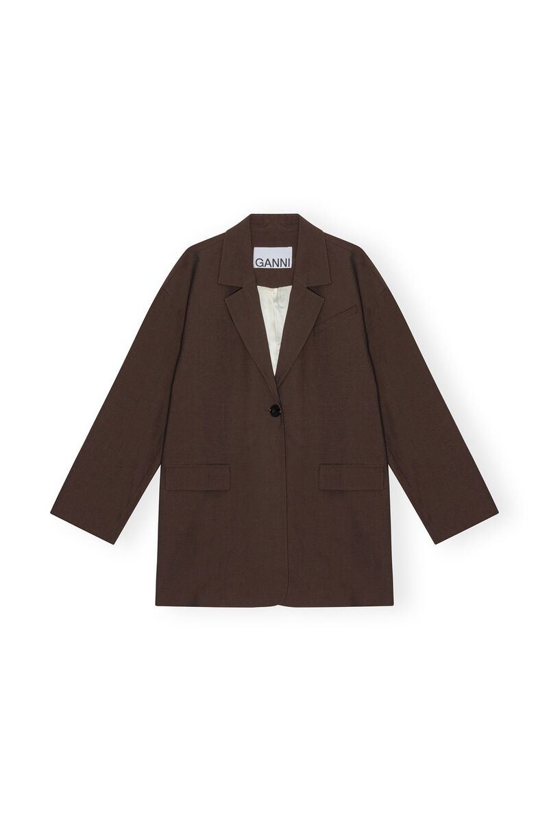 Brown Drapey Melange Boxy-blazer, Elastane, in colour Mole - 1 - GANNI