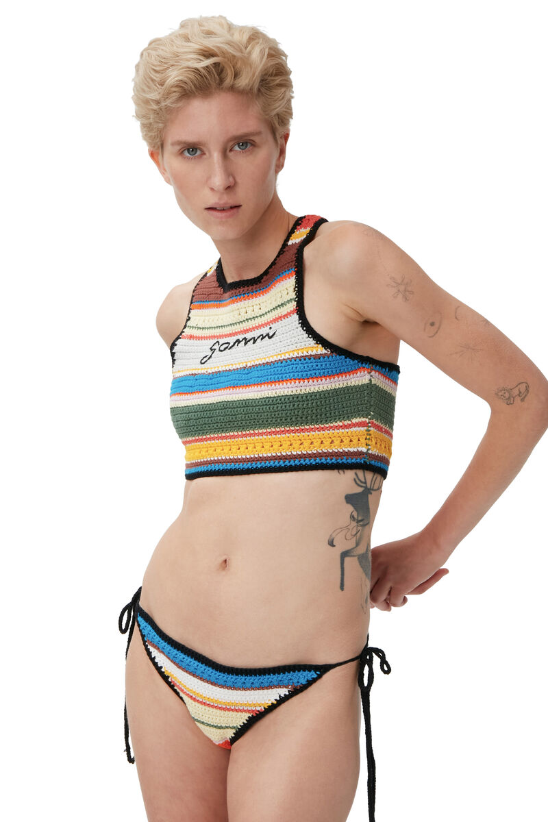 Heklet, høyhalset bikinitopp, Cotton, in colour Beach Stripe Multi - 7 - GANNI