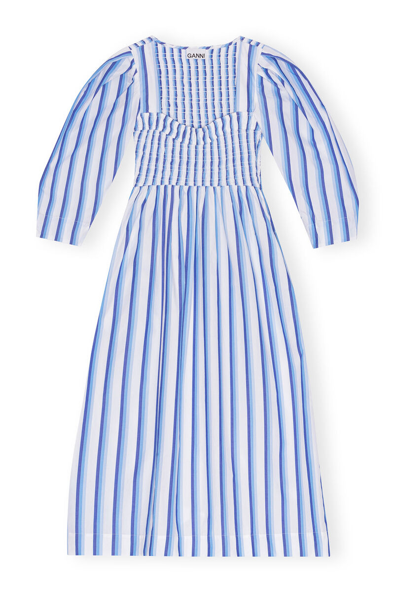 Blue Striped Cotton Smock Long klänning, Cotton, in colour Silver Lake Blue - 1 - GANNI
