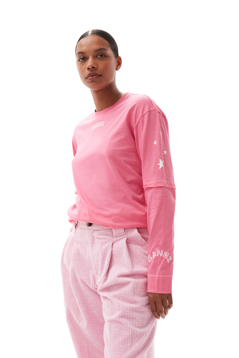 Long Sleeve T-shirt, Cotton, in colour Shocking Pink - 3 - GANNI